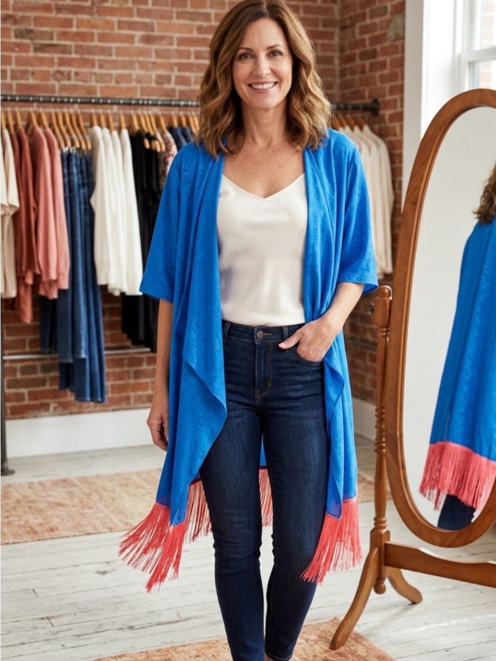 LuLaRoe Bright Blue Open-Front Kimono with Coral Fringe NWOT PTP 23’ L 27’